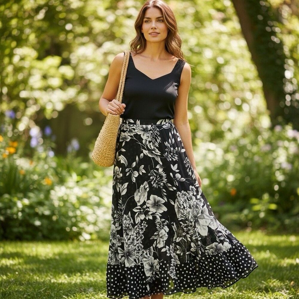 CAbi Black and White Floral Rayon Flared Long Skirt Women’s Size XS